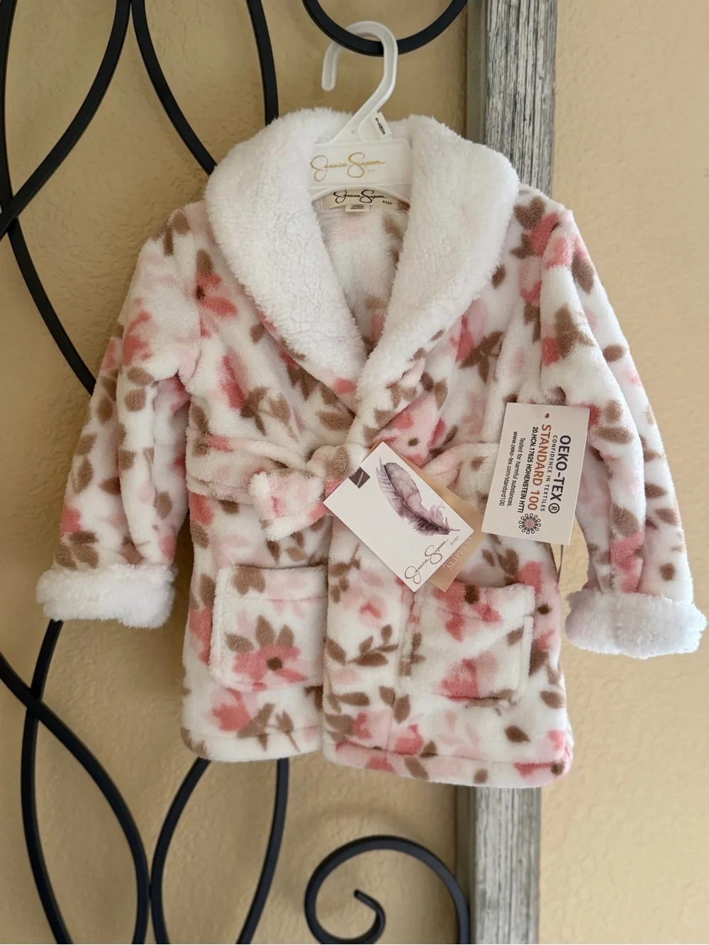 Plush Floral Infants Robe with Slippers Jessica Simpson, baby Pink & Brown